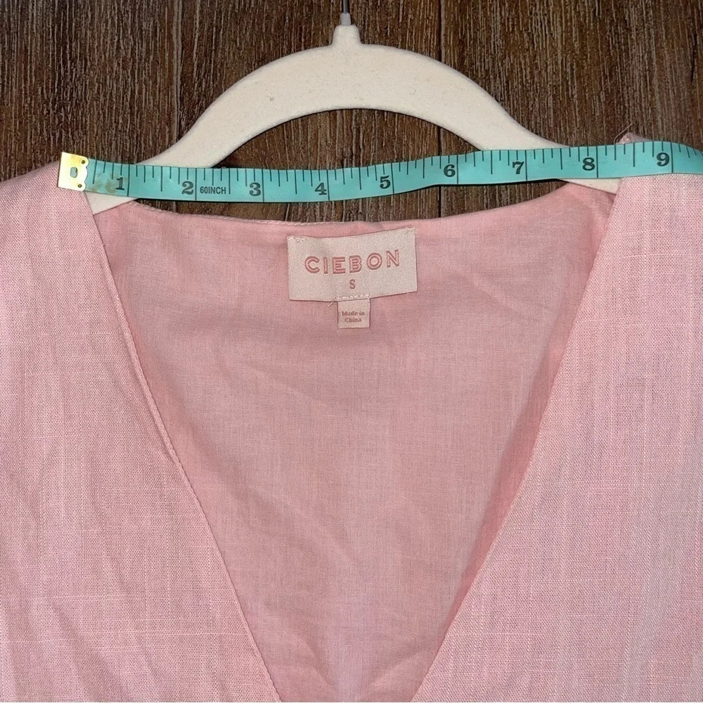 CIEBON Pink Linen Dress Women’s S Asymmetrical Pink Fringed V-neck - Picture 7 of 14